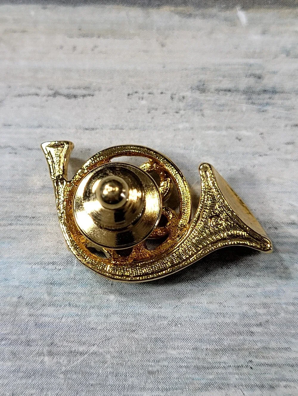 Gold French Horn Brooch Pin with Clear Crystals